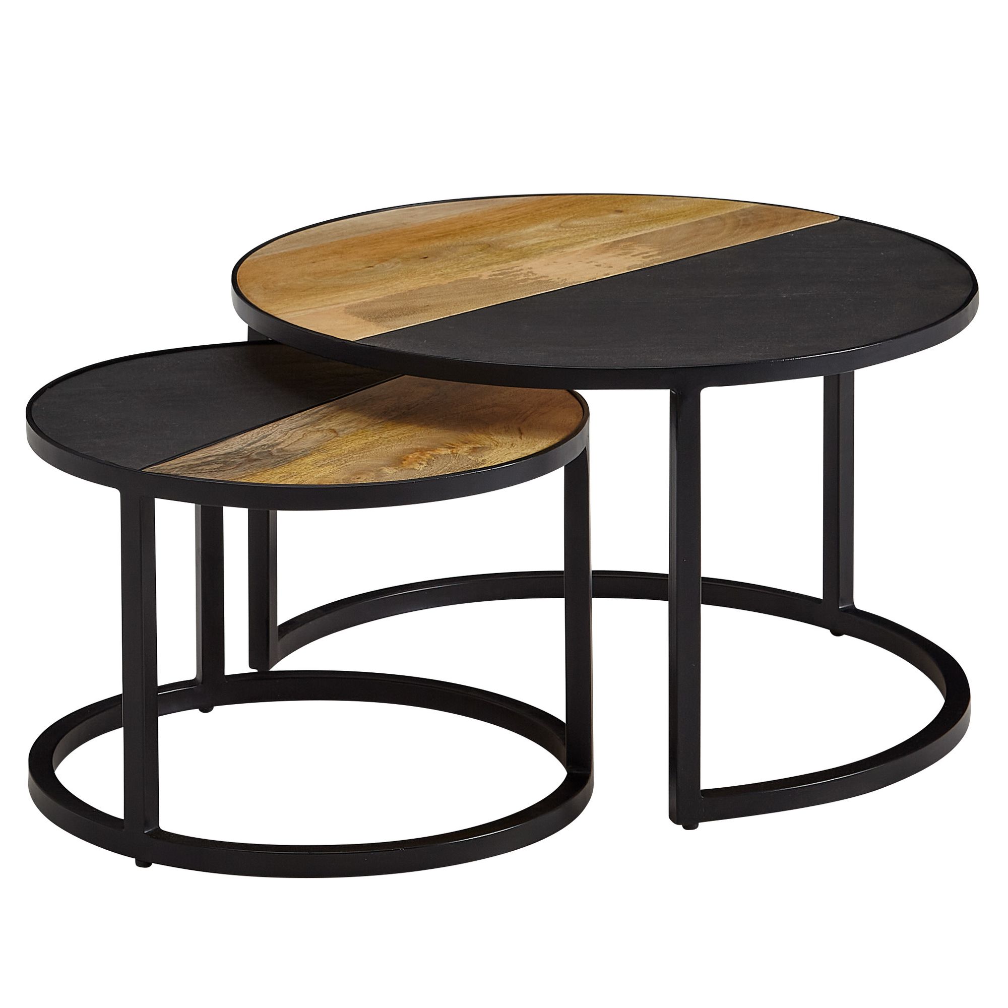 2er Couchtisch Set Mangoholz Massiv / Steinoptik | 60/44x36/31 cm | Moderne runde Beistelltische