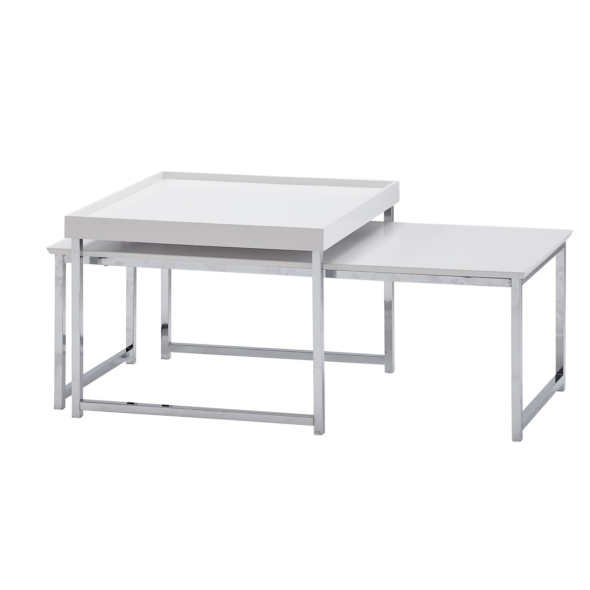 2er Couchtisch Set MDF Holz Weiß Lackiert | Metall Silber | Maße 110x48x37 cm & 60x60x45 cm