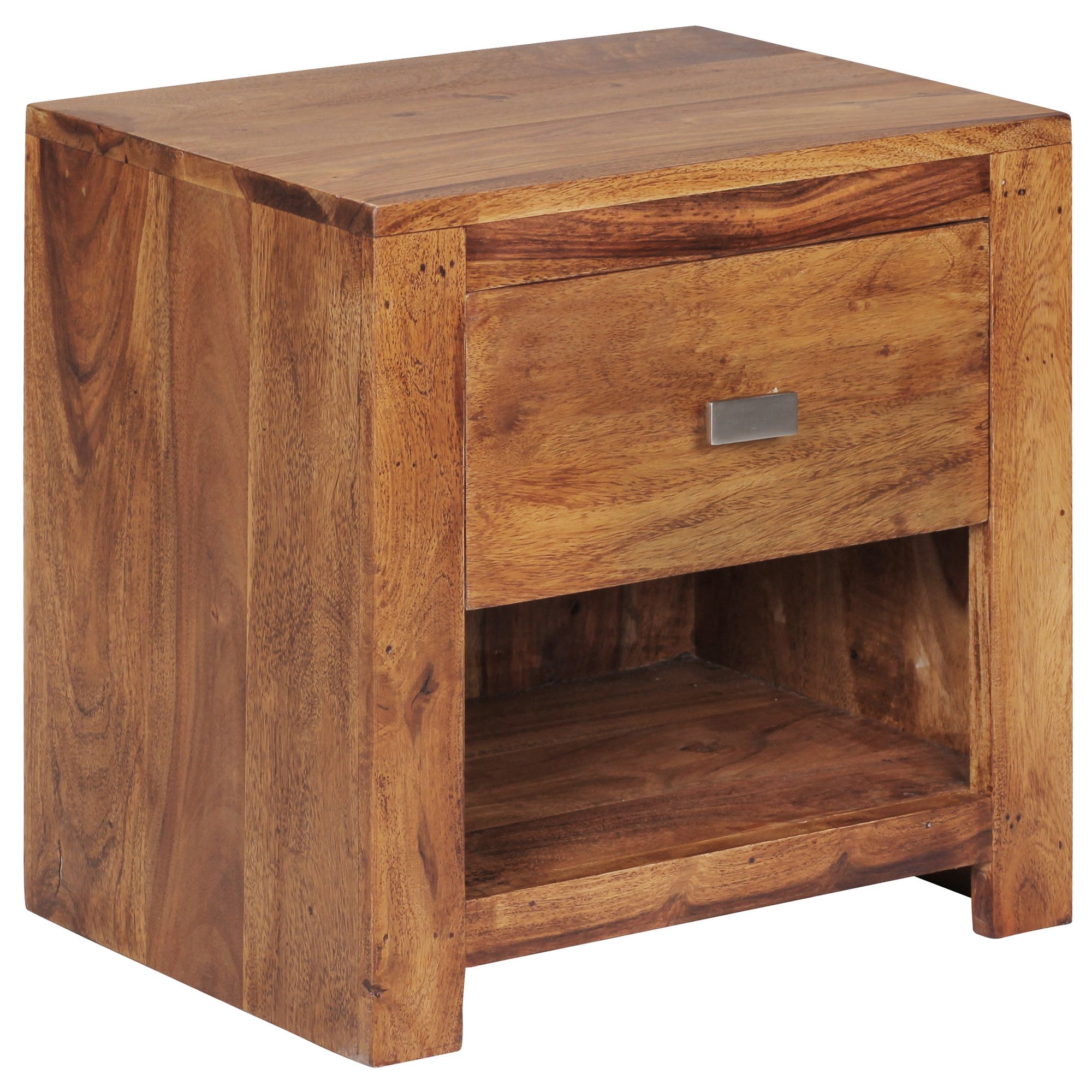 MUMBAI Nachttisch Massivholz Sheesham Braun | 40 x 40 x 30 cm | 1 Schublade & 1 Ablagefach, Landhausstil