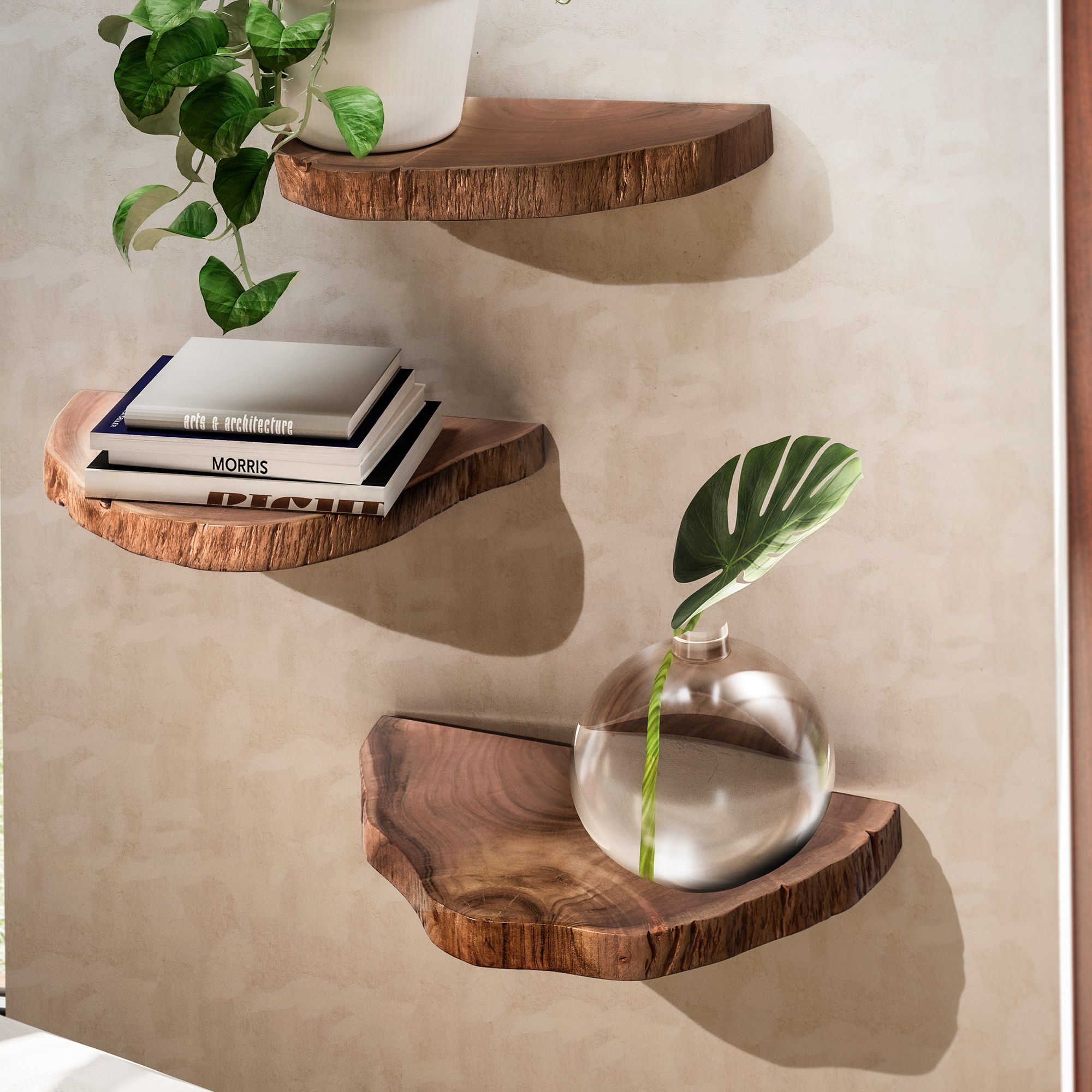 3er Set Wandregal Akazie Massivholz | Natürliches Hellbraun | 44-49,5x4,5x21-26 cm