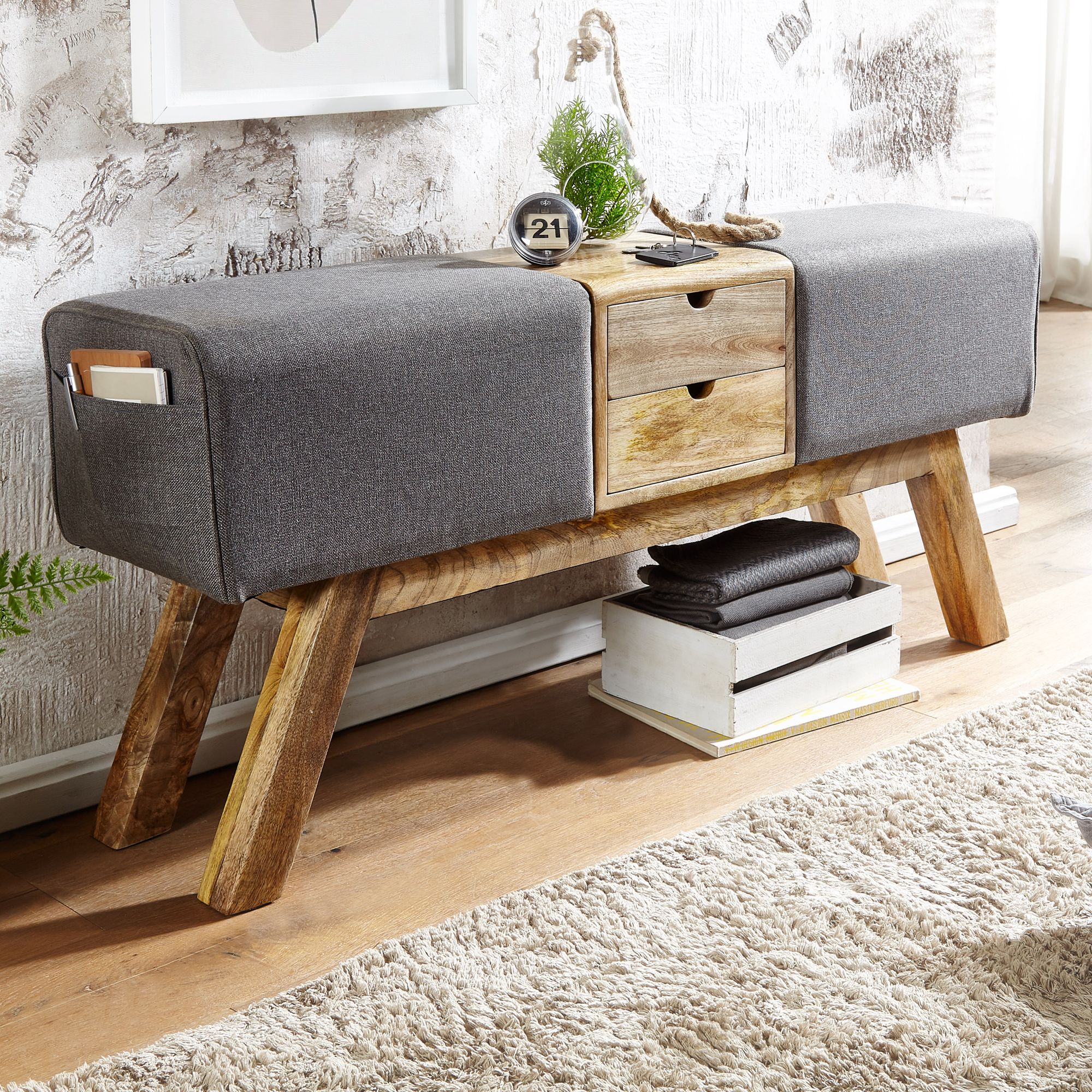 Design Turnbock Sitzbank Grau Stoff / Massivholz | 120 x 56 x 30 cm | Mit Schubladen