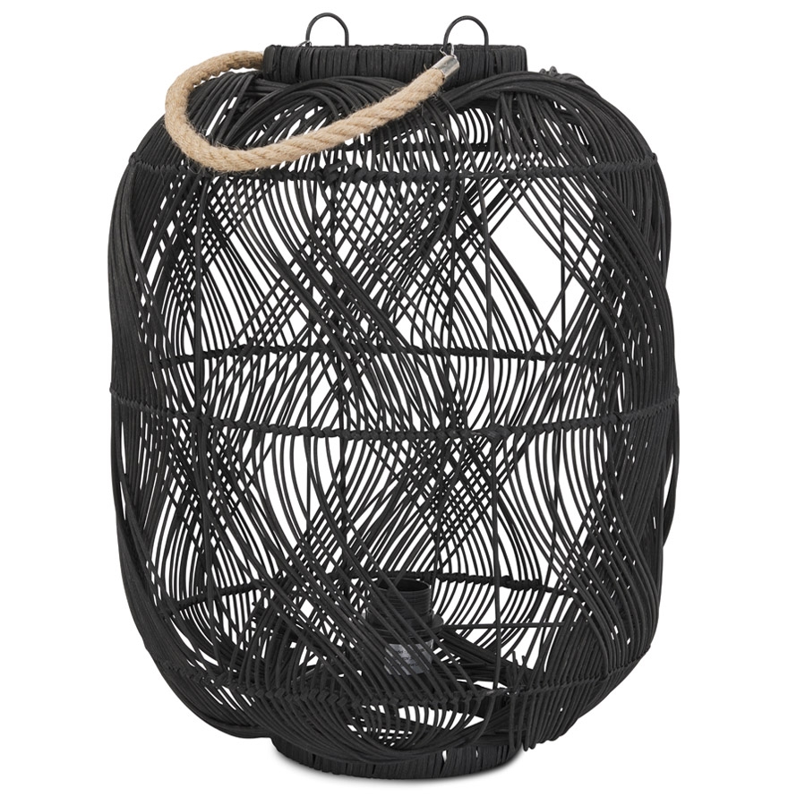 DOMINGO Laternenstil Lampe aus schwarzem Rattan | 35x35x46,5 cm | Schwarzer Metallrahmen