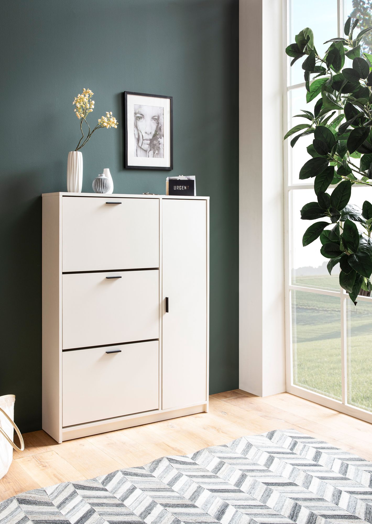 Schuhschrank Weiß | 90x120x24 cm | Lackiertes MDF mit Schwarzen Griffen