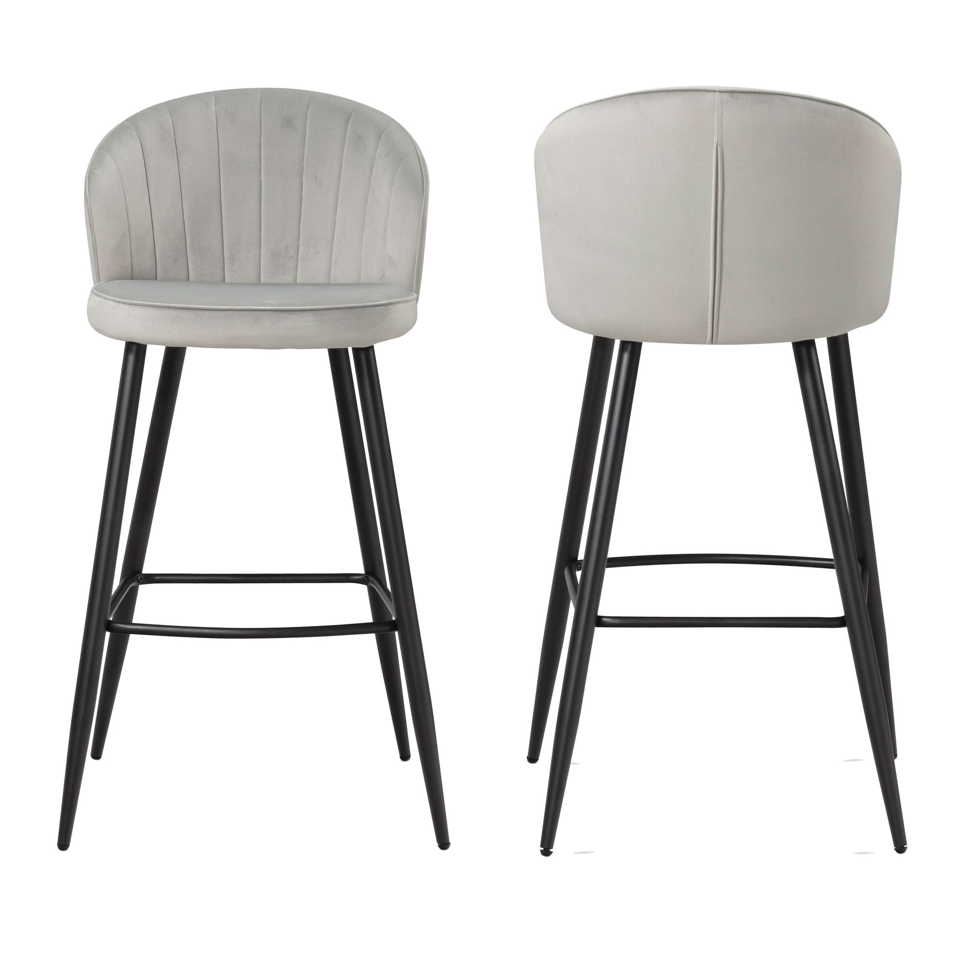 2er Set Barhocker Samt Grau mit Lehne | Schwarze Beine | 56x102,5x52,5 cm