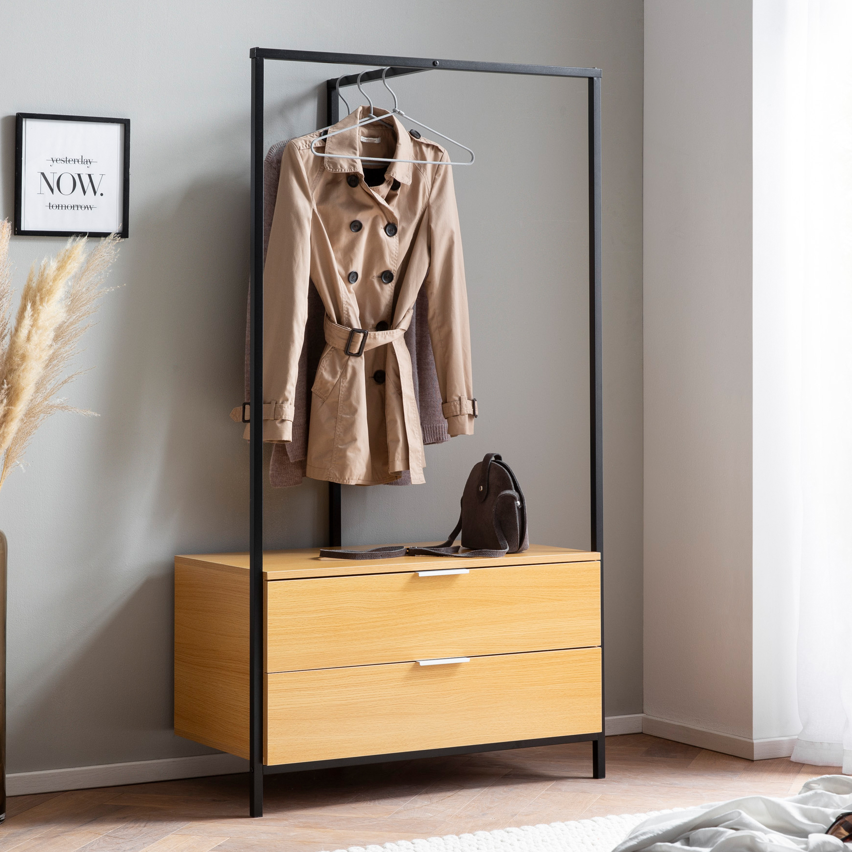 Garderobe Eiche-Dekor | Eichefarben, Silber und Schwarz | Maße 85x152x44 cm