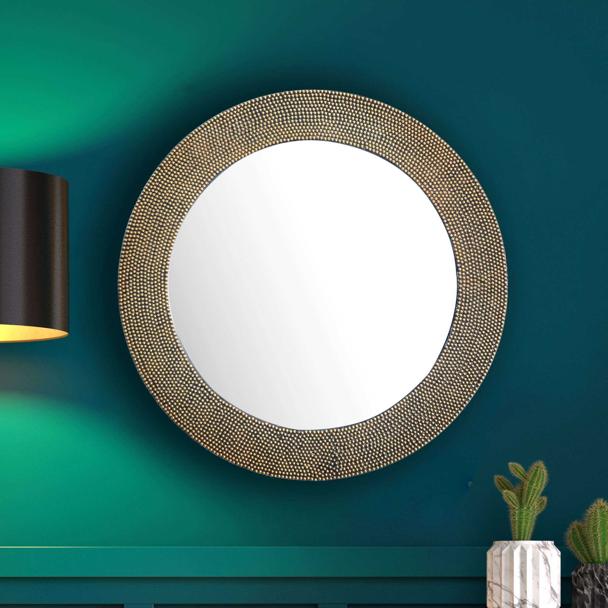 60 cm Runder Wandspiegel Goldfarben Metall Aluminium Perlenrahmen Design | Modern