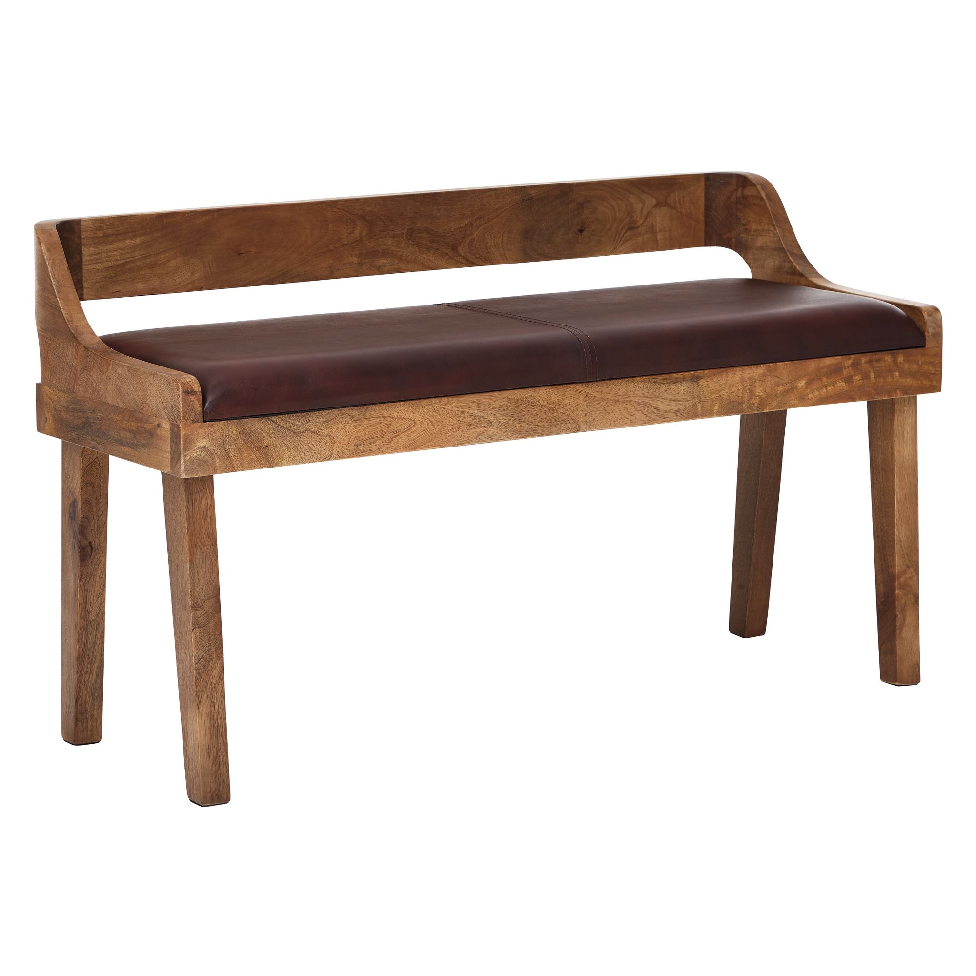 Echtleder- und Massivholzbank 108 x 63 x 43 cm | Gepolsterte Bank mit Rückenlehne Braun | Sitzbank für 2 Personen
