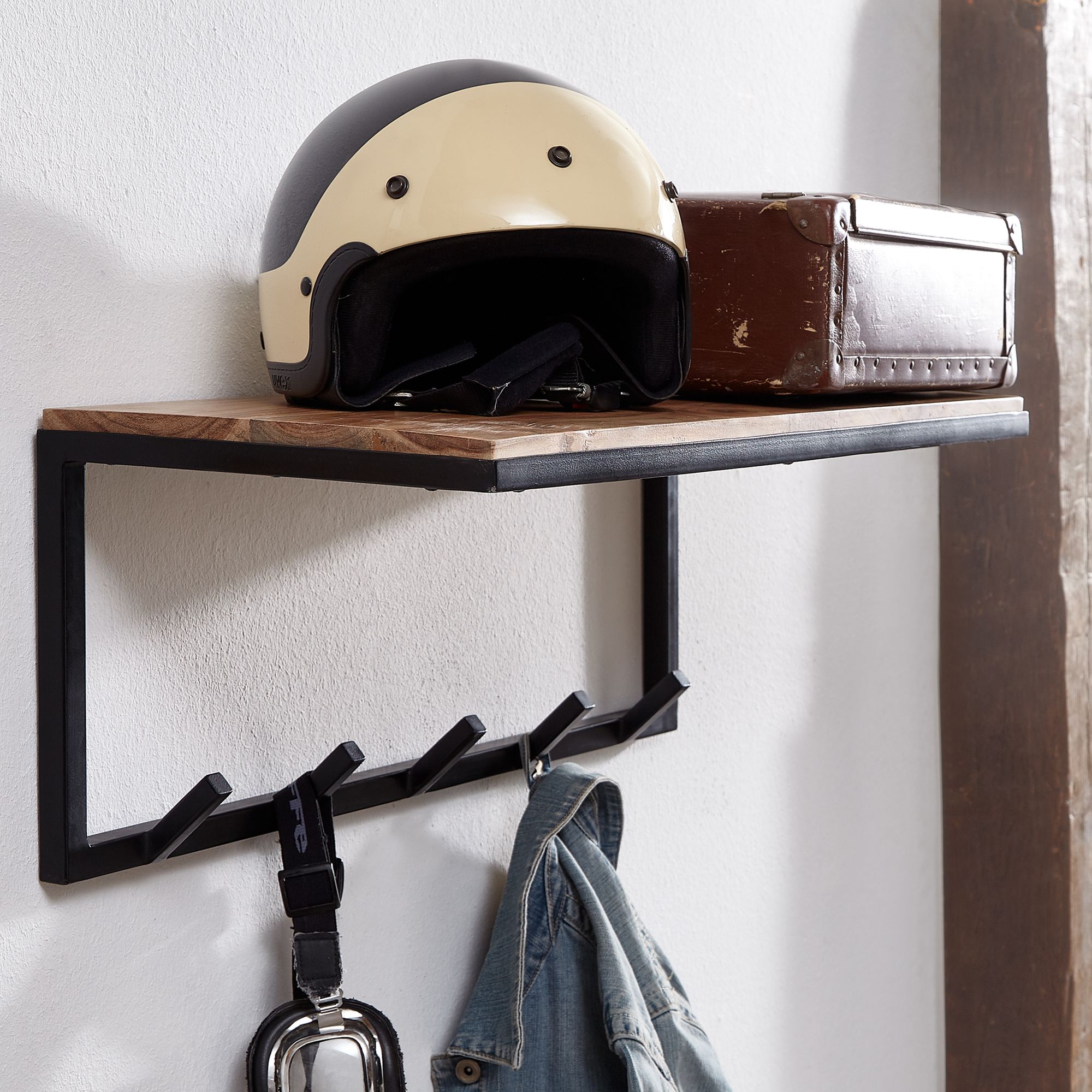 Design Wandgarderobe | Akazie Massivholz / Metall | 70x27x30 cm