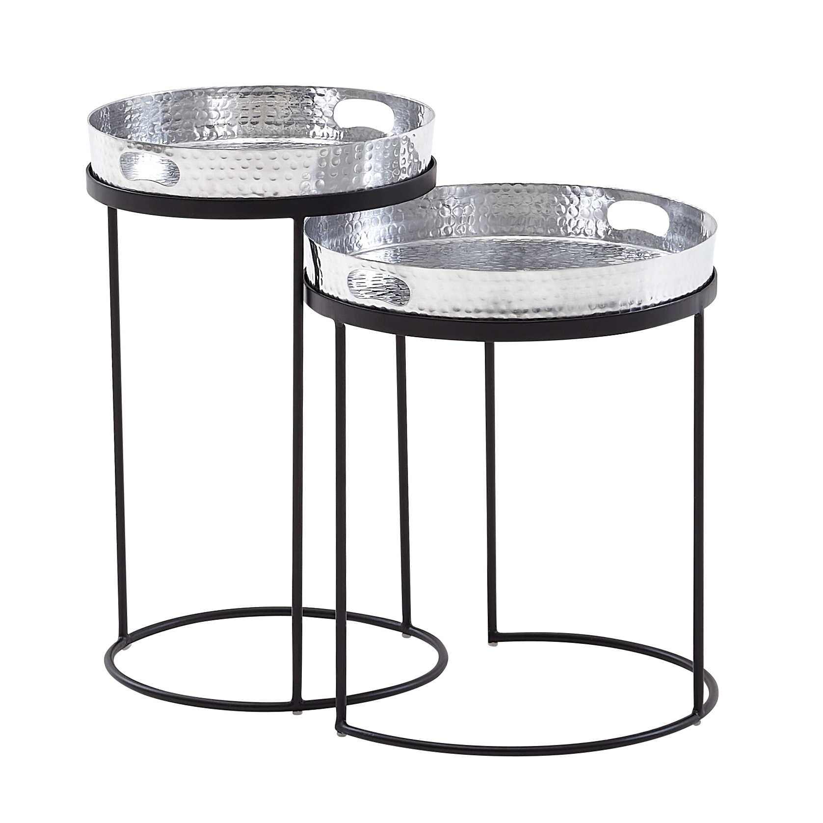 2er Set Beistelltische Silber/Schwarz Metall | Silberfarbenes Aluminium & schwarzer Stahl | Maße 38x38x45 cm und 32,5x32,5x53 cm