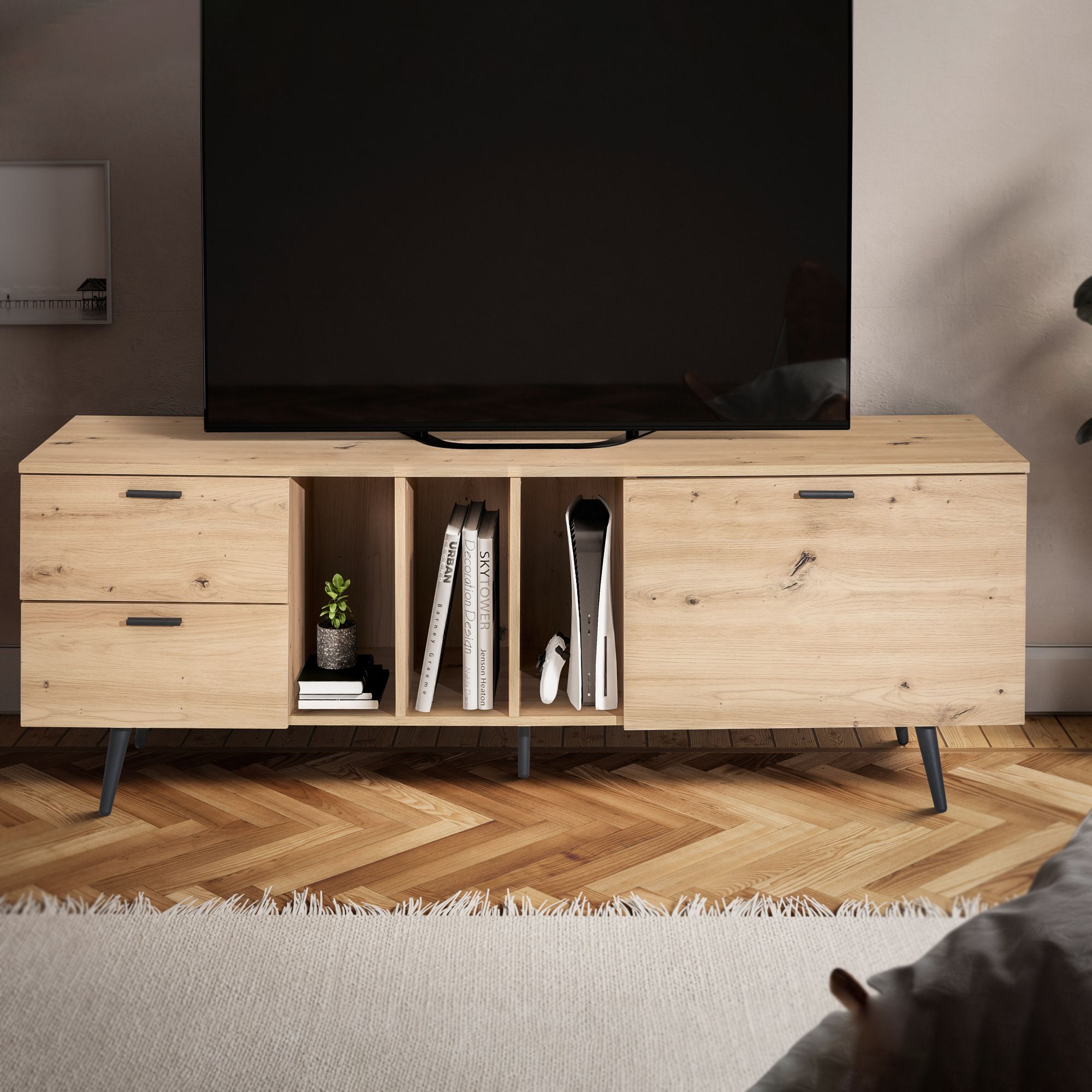 Lowboard Eiche-Dekor | Eichefarben und Schwarz | 150x55x40 cm