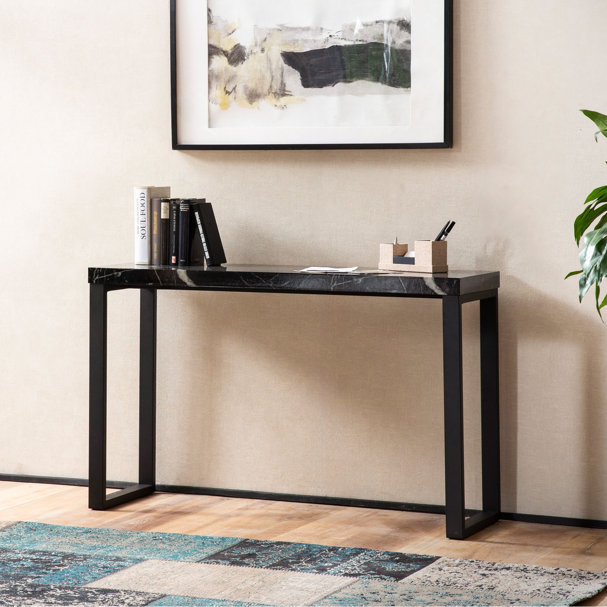 Konsolentisch Schwarz Hochglanz Marmoroptik mit schwarzen Beinen | MDF + Metall, 120x40x76 cm