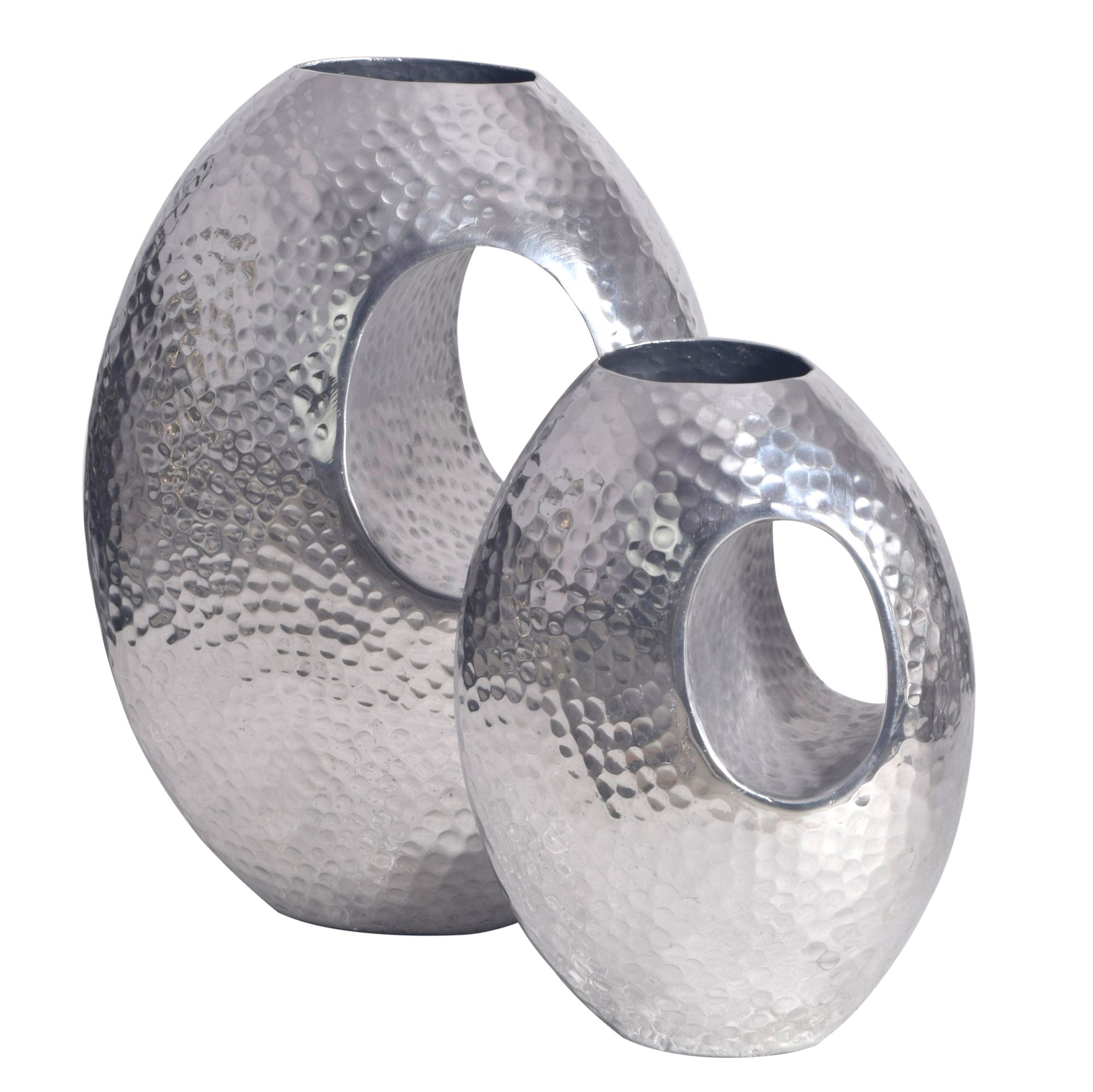 Deko Vase 2er Set Aluminium Silber | Modernes Hammerschlag-Design mit Griffen | Maße 29x39x16,5 cm & 22x31x15 cm