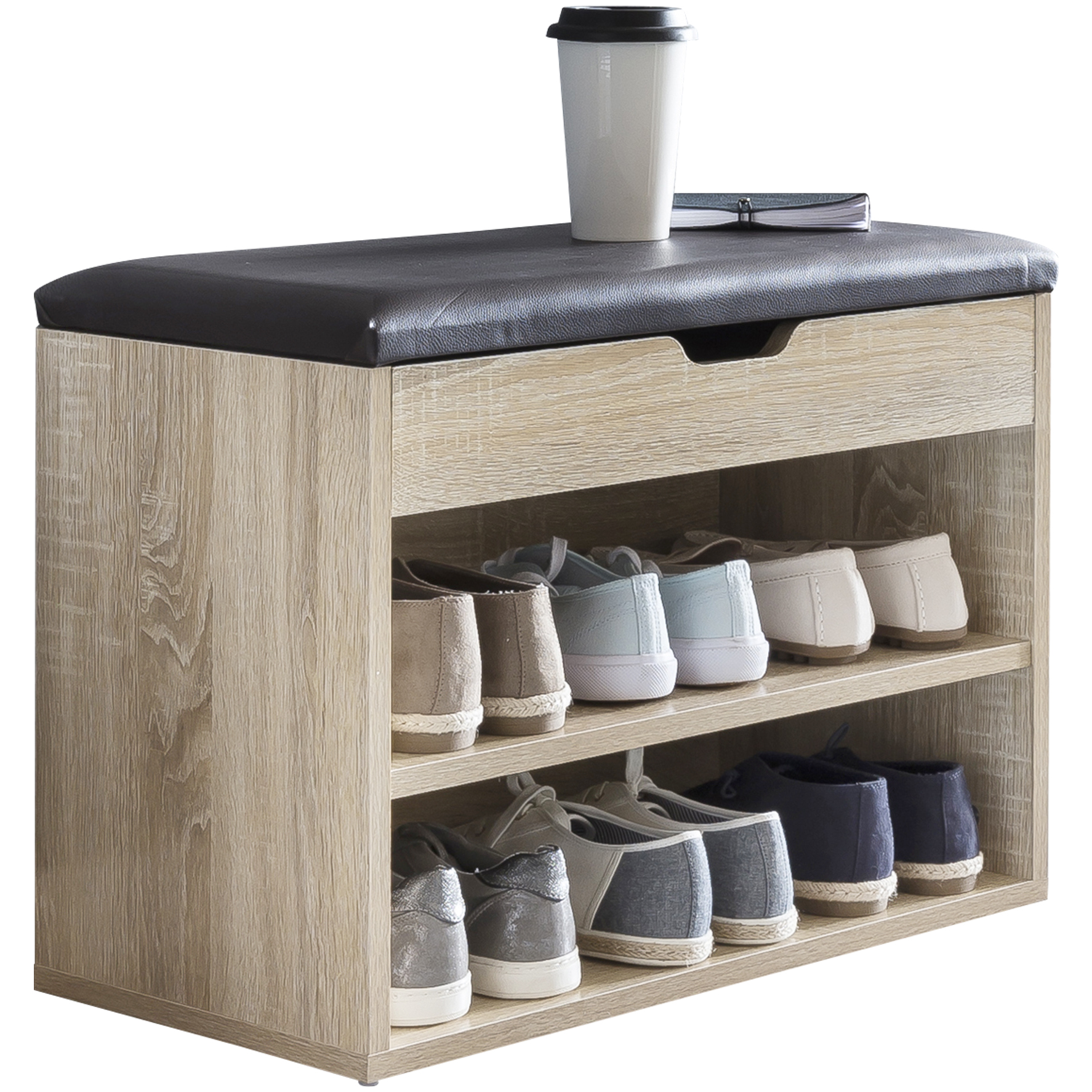 Schuhbank Sonoma Eiche mit schwarzer Kunstleder-Sitzfläche | Holz 60x40x30 cm