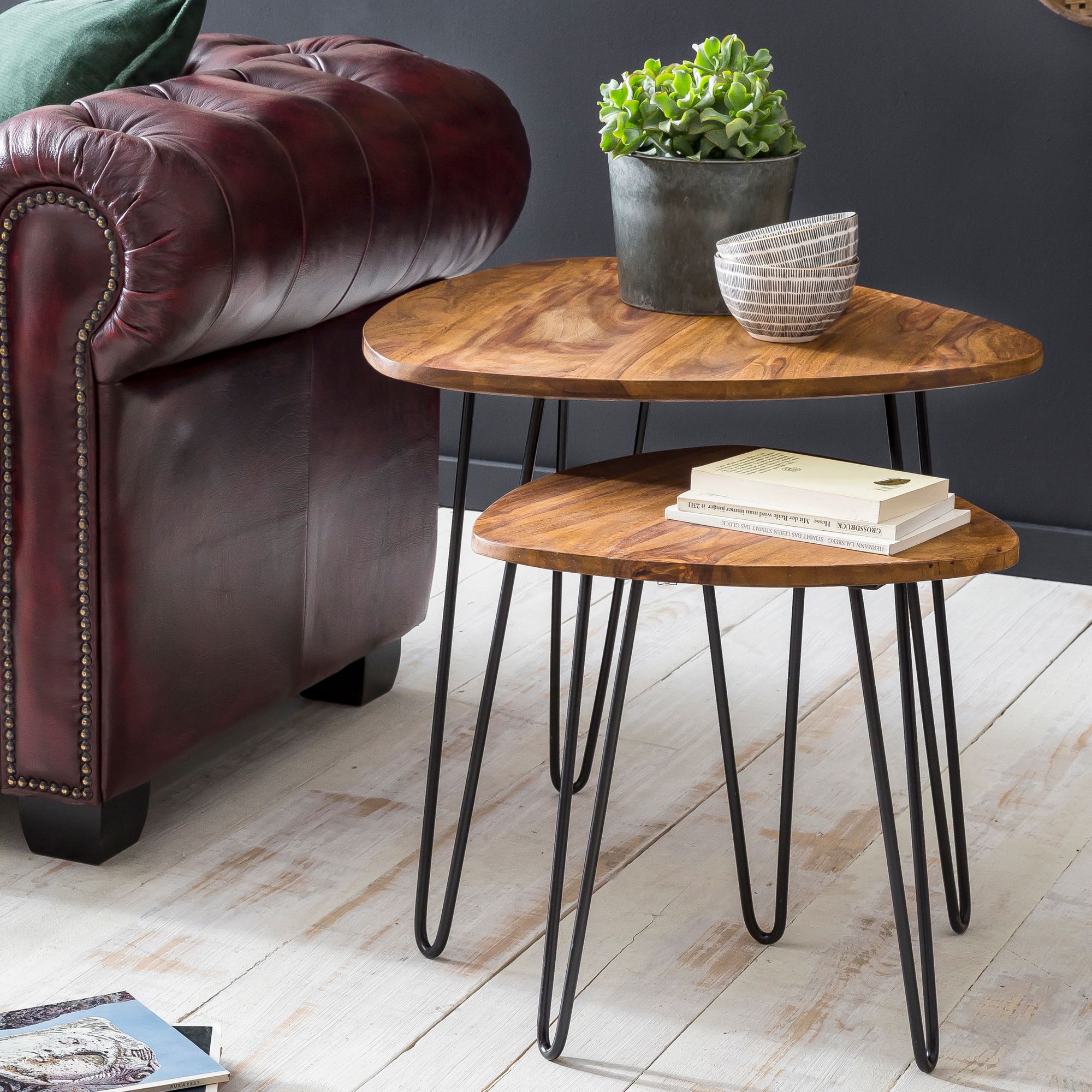 2er Set Beistelltische Sheesham Holz Metall Braun | Kompaktes Industrial Design