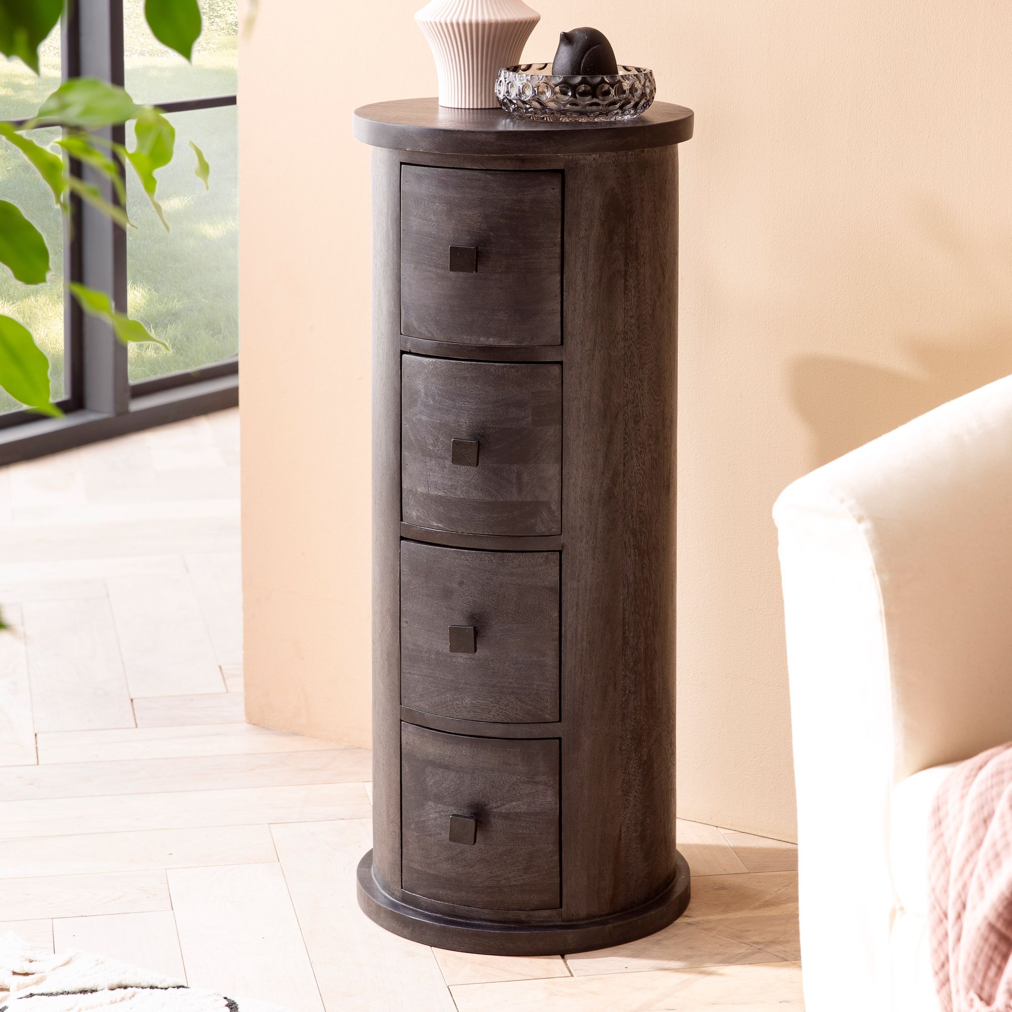 Design Sideboard Mango Massivholz Schwarz | 34x85x34 cm | 4 Schubladen