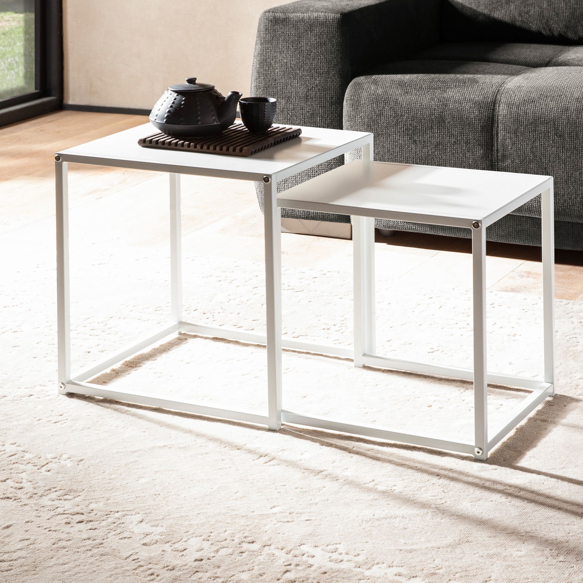 Beistelltisch 2er Set Weiß Metall 40x40x45 & 35x35x40 cm | Industrial Design