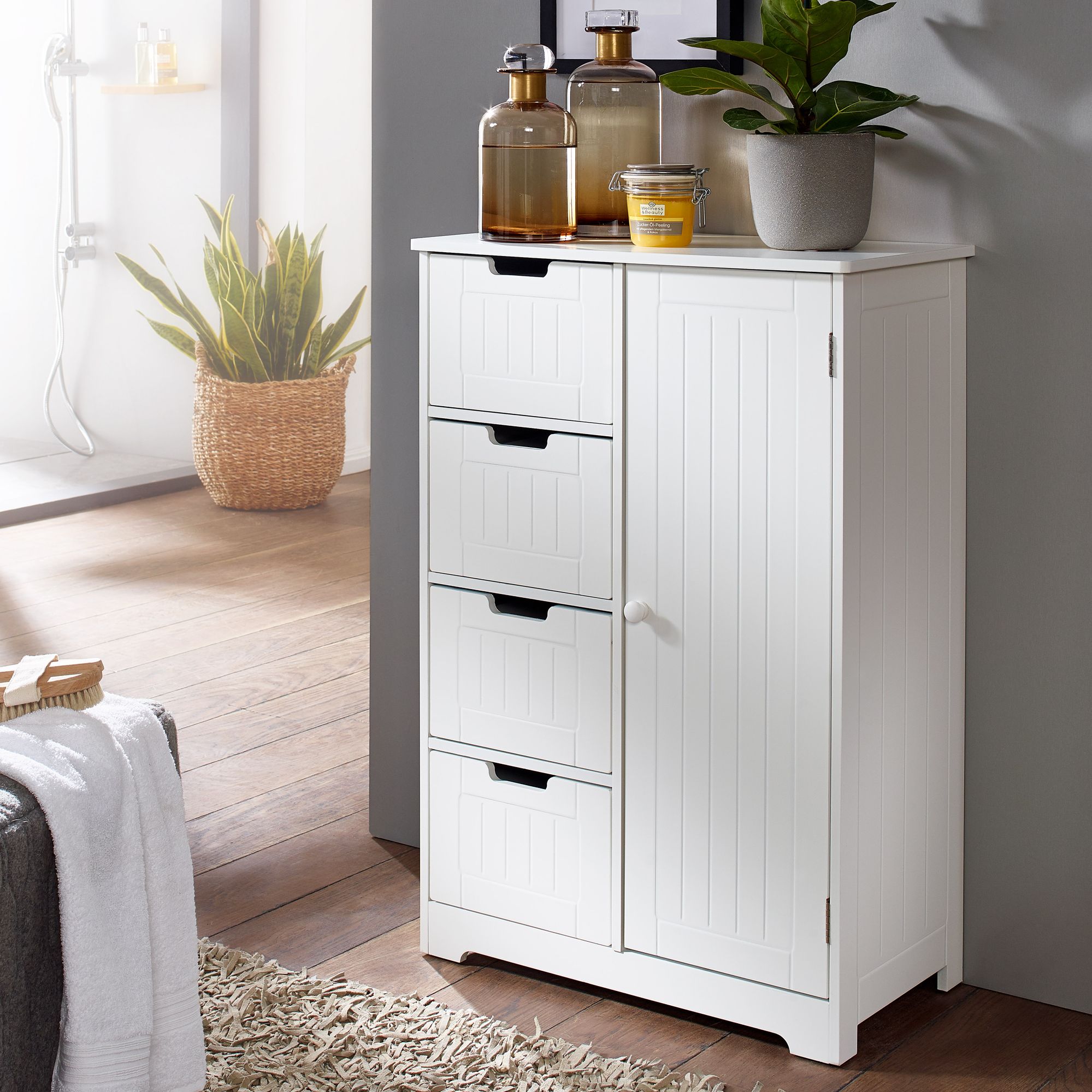 Badschrank PATTI Landhausstil MDF Weiß matt | 56x83x30 cm | 4 Schubladen & 1 Tür