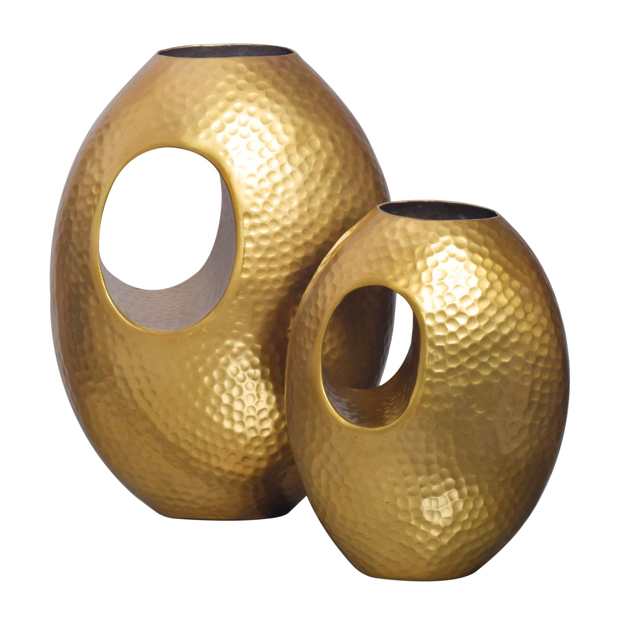 Deko Vase 2er Set Aluminium Gold | Modernes Hammerschlag-Design mit Griffen | Maße 29x39x16,5 cm & 22x31x15 cm