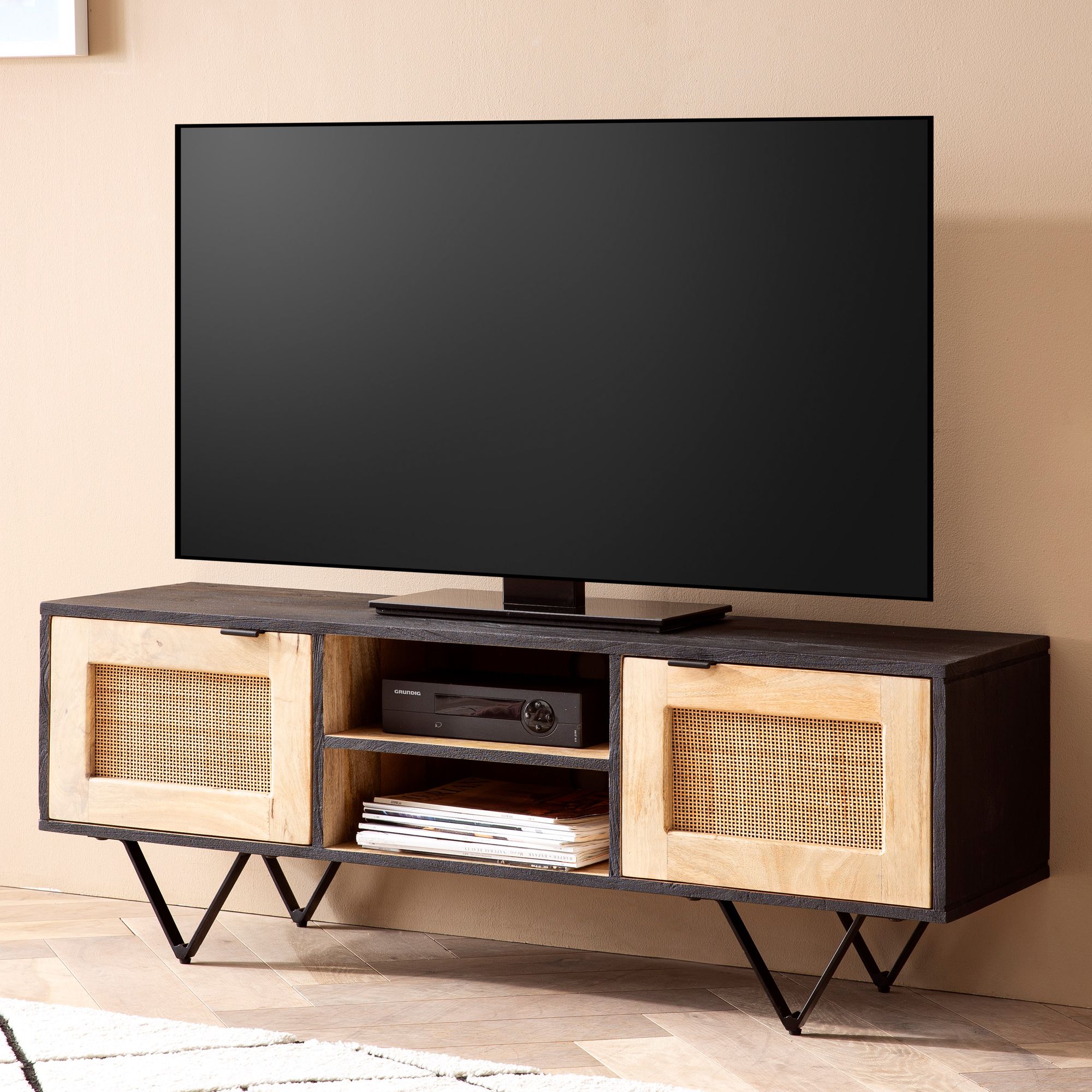 Lowboard Mango Massivholz & Rattan | Braun Schwarz | 120x44x35 cm