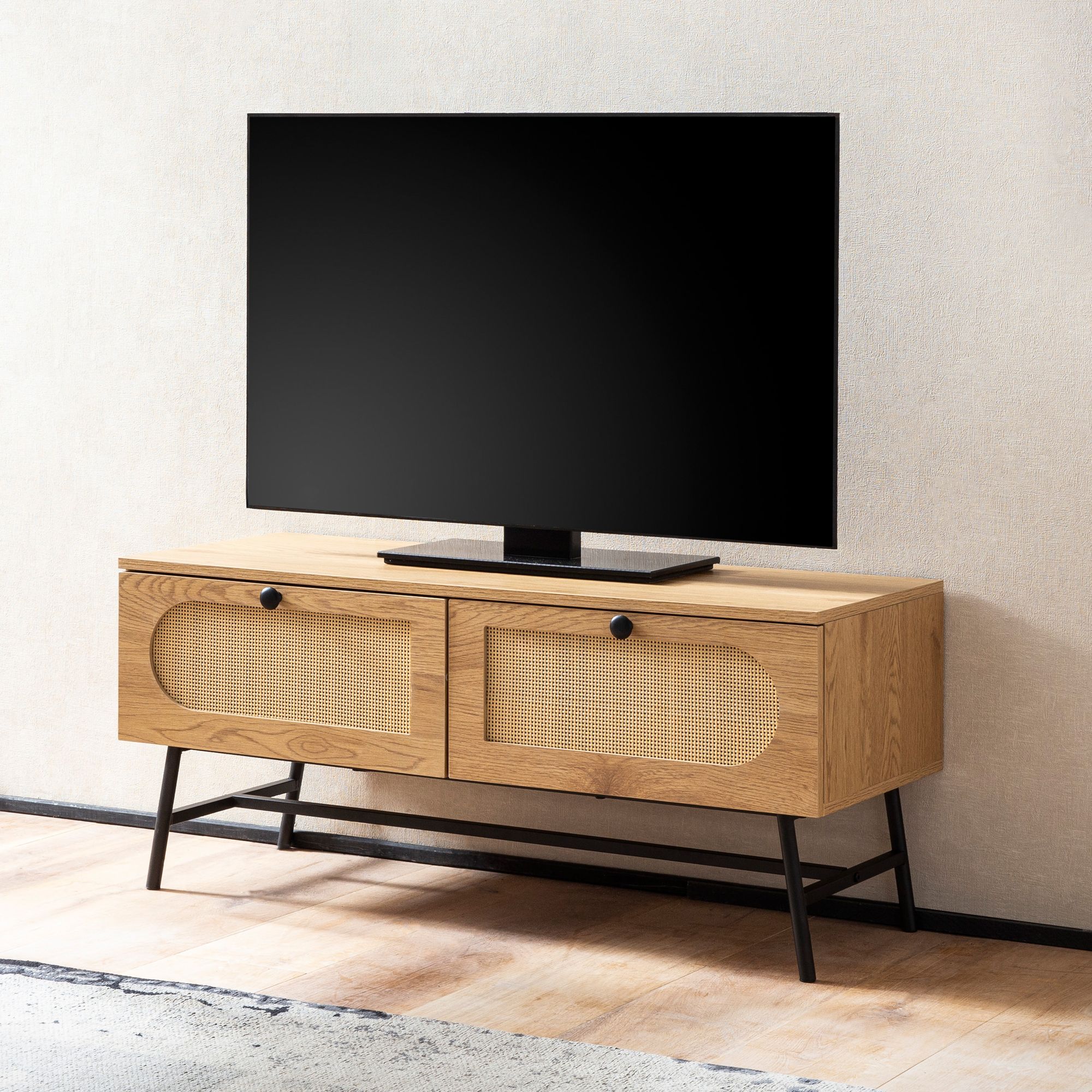 Lowboard 100x45x40 cm Eiche-Dekor & Rattan | Brauner TV-Schrank mit schwarzen Griffen und Beinen