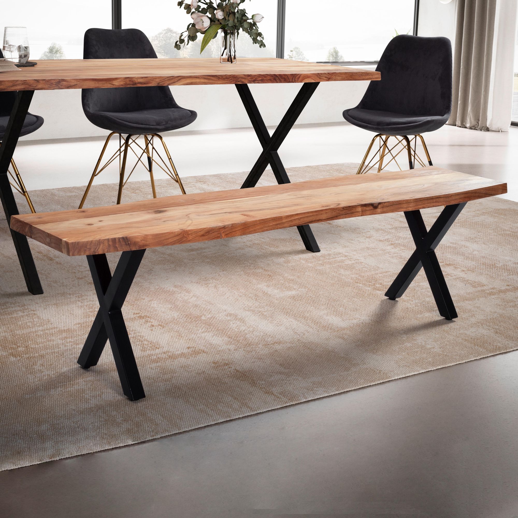 Esszimmerbank 120x40x45,5 cm | Akazie Massivholz | Metall Schwarz matt | Mit Baumkante und X-Beinen