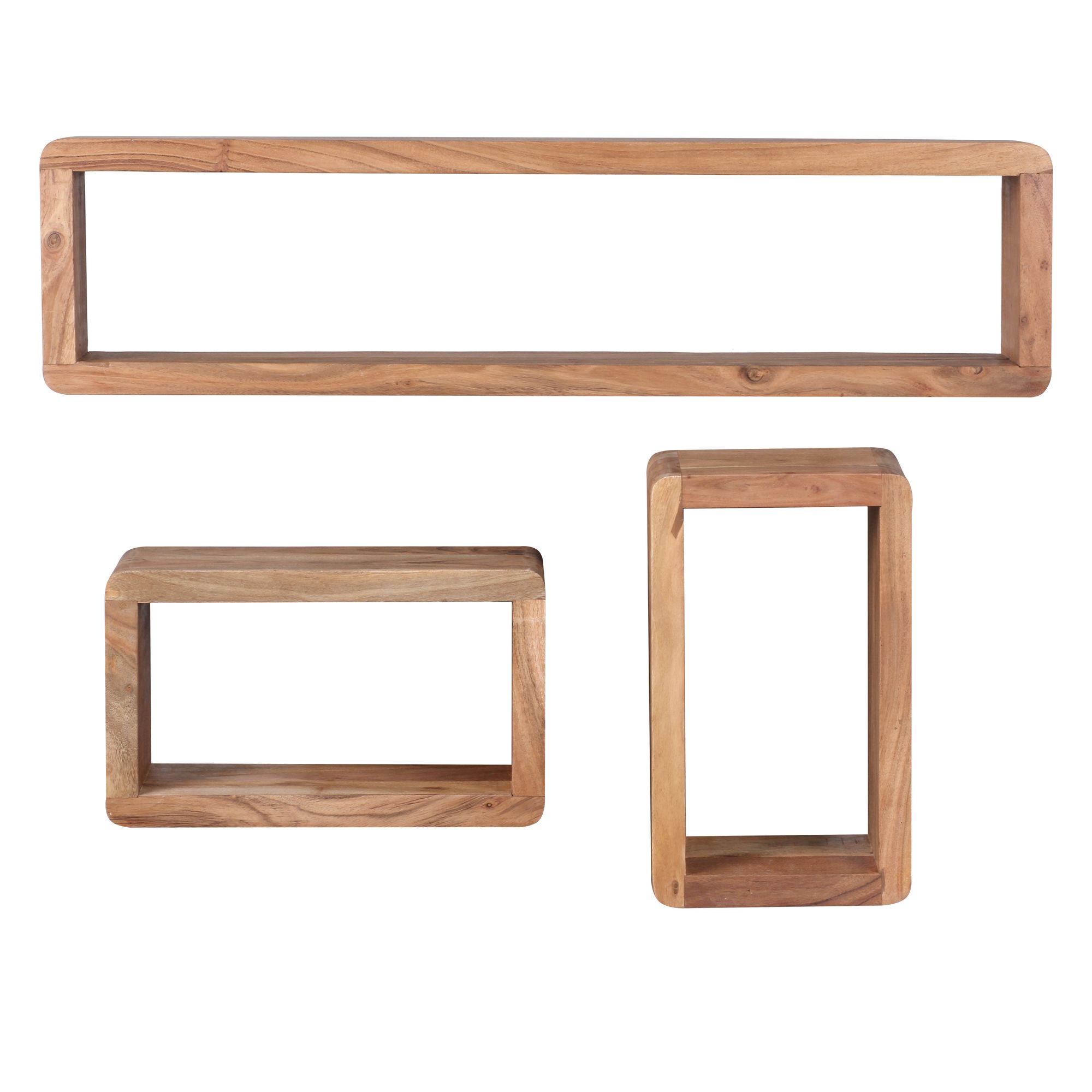 Design Wandregal 3er Set BOHA Massivholz Akazie | Natur | 80x20x15 cm, 34x20x15 cm