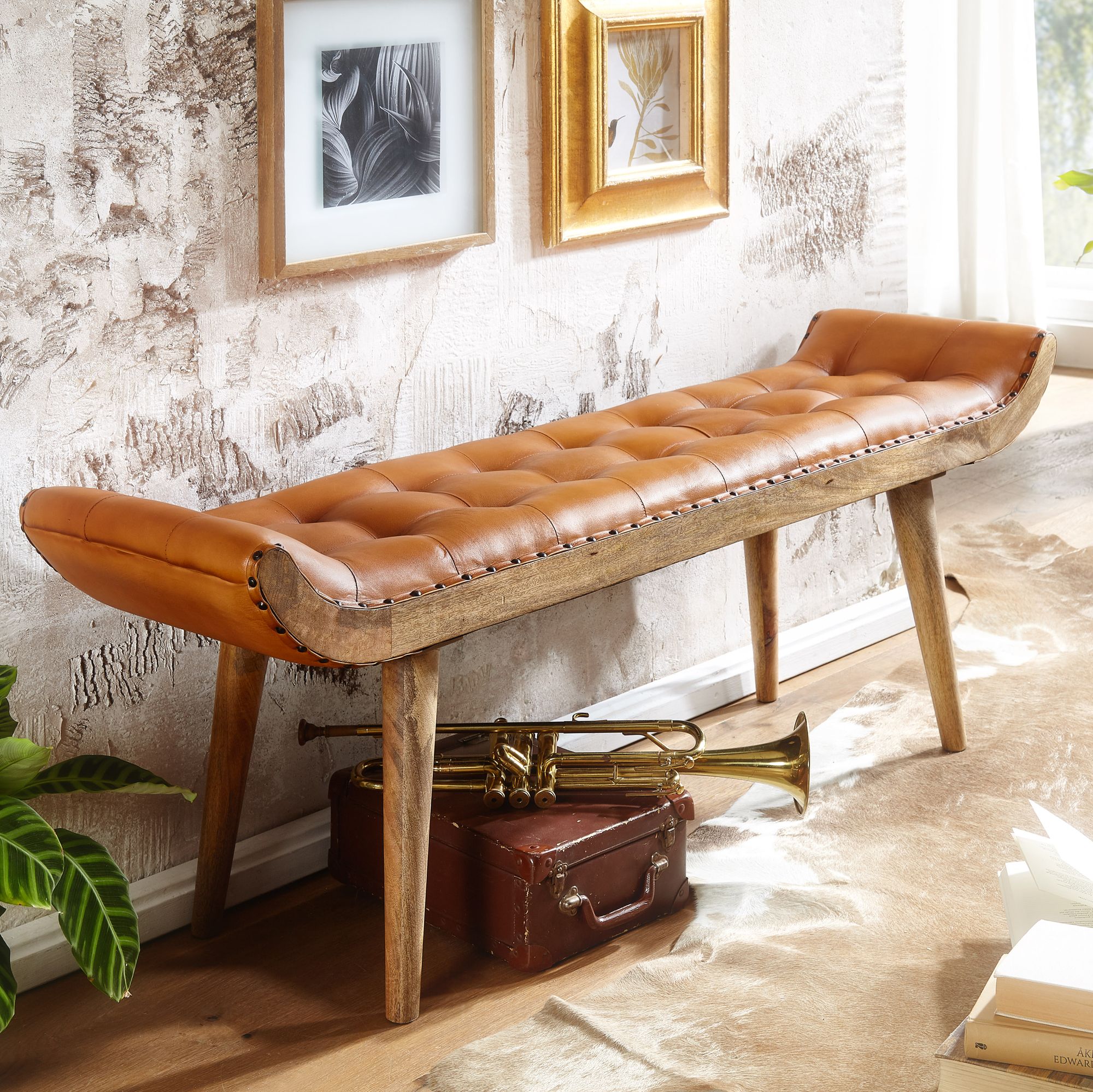 Echtleder / Massivholz Bank Braun | 125 x 50 x 38 cm | Chesterfield Design