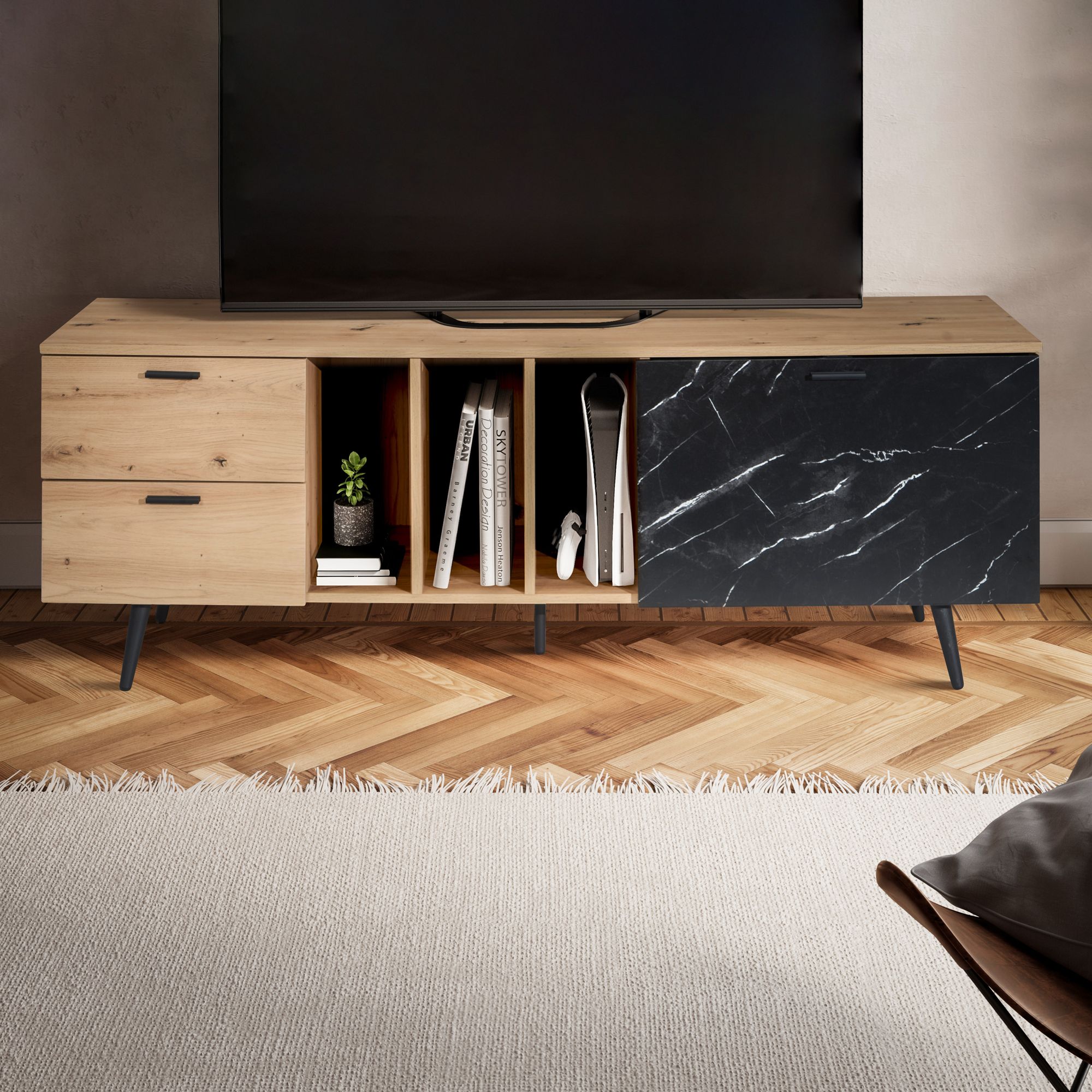 Lowboard Eiche-Dekor Schwarz Marmor-Optik | Tür Marmor-Schwarz | 150x55x40 cm