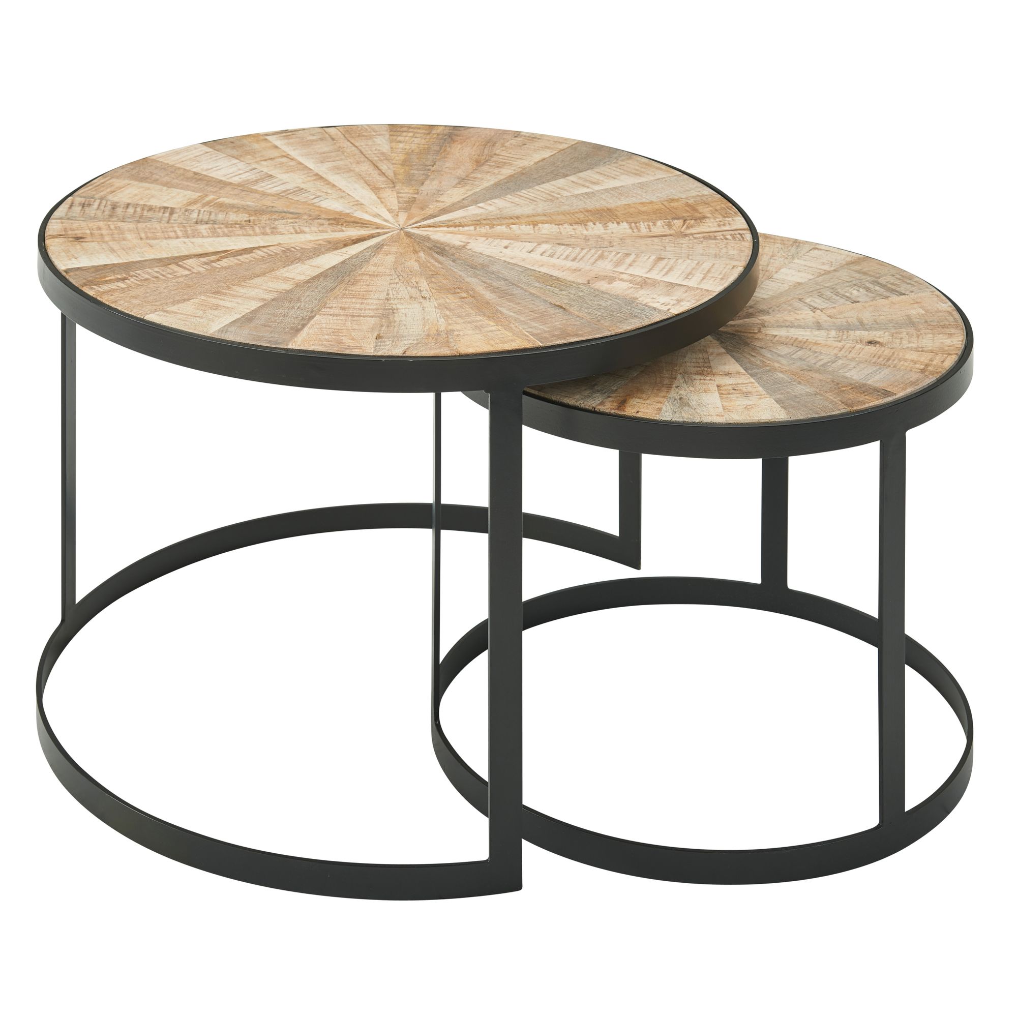 2-teiliges rundes Couchtisch-Set Mango Massivholz / Metall Schwarz | Braun Tischplatte | Maße 60x40x60 cm & 45x35x45 cm