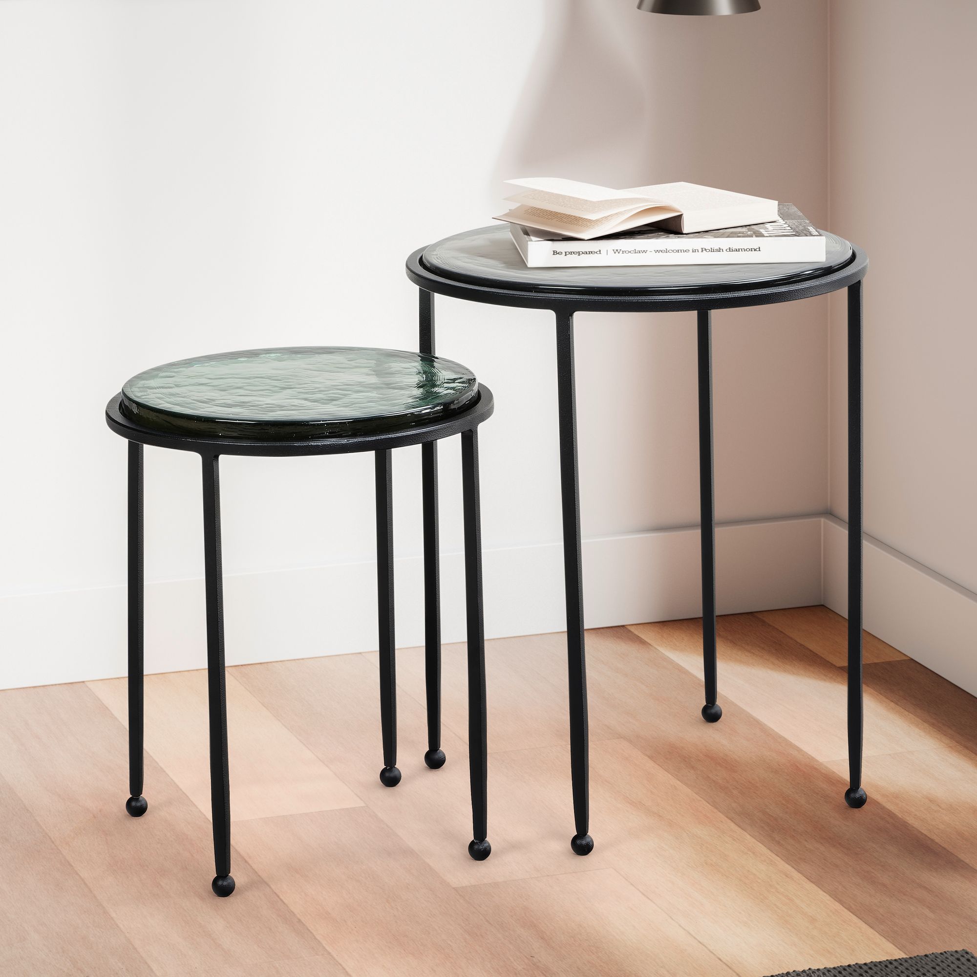 2er-Set Beistelltische Glas Metall | Grün und Schwarz | Verschiedene Maße
