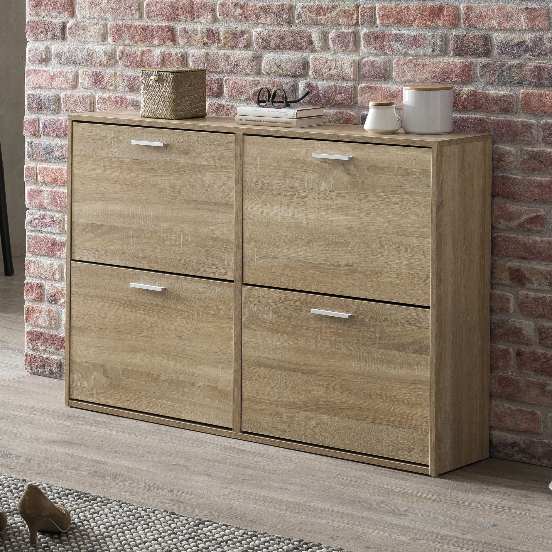 Schuhschrank Holz Sonoma | 120x81x24 cm | 4 Fächer, Aluminiumgriffe