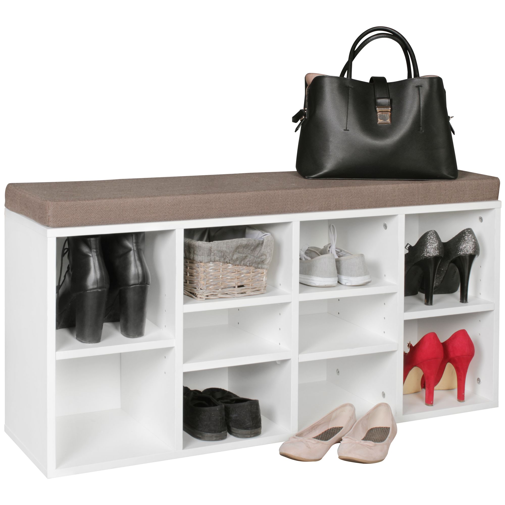 Schuhbank 103,5x53x30 cm | Weiß | Garderobenbank mit braunem Sitzkissen