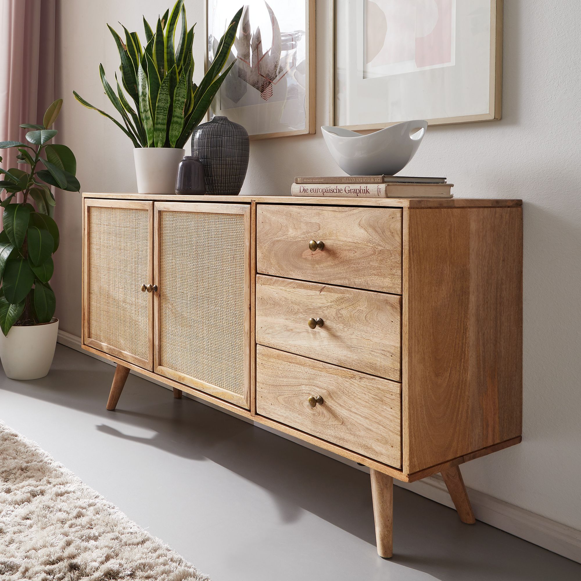 Design Sideboard Mango Massivholz & Rattan | Braun und Gold | 140x75x40 cm