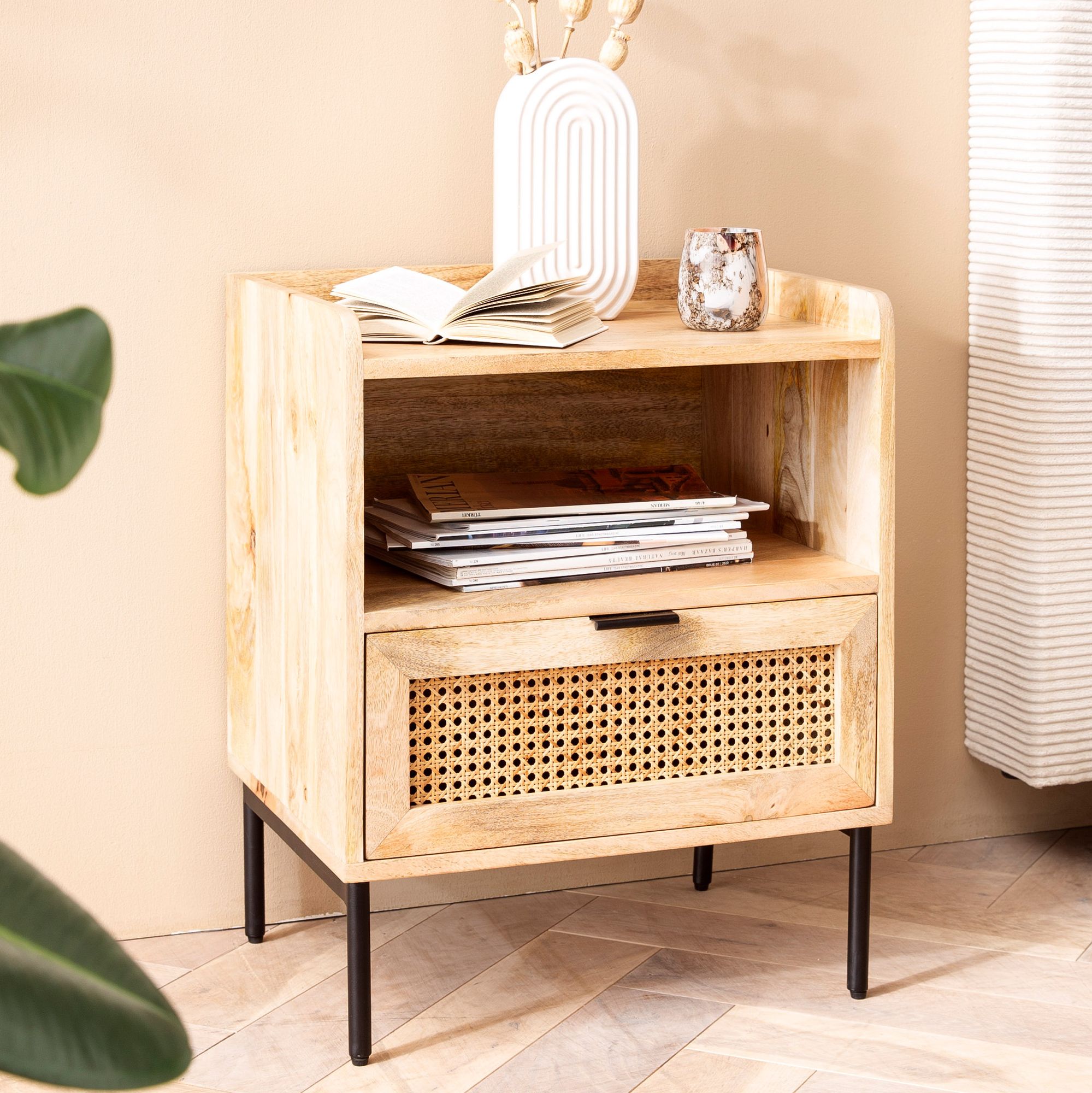 Nachtkonsole 50x60x40 cm Mango Massivholz / Rattan Braun | Nachttisch mit Schublade & Metallgestell