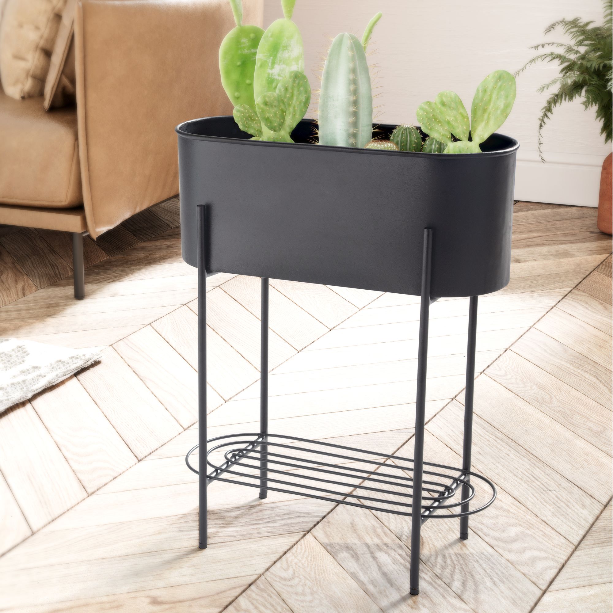 Pflanzgefäß Metall Schwarz mit Gestell und Ablage | Rechteckiges Design | 51x65x22 cm