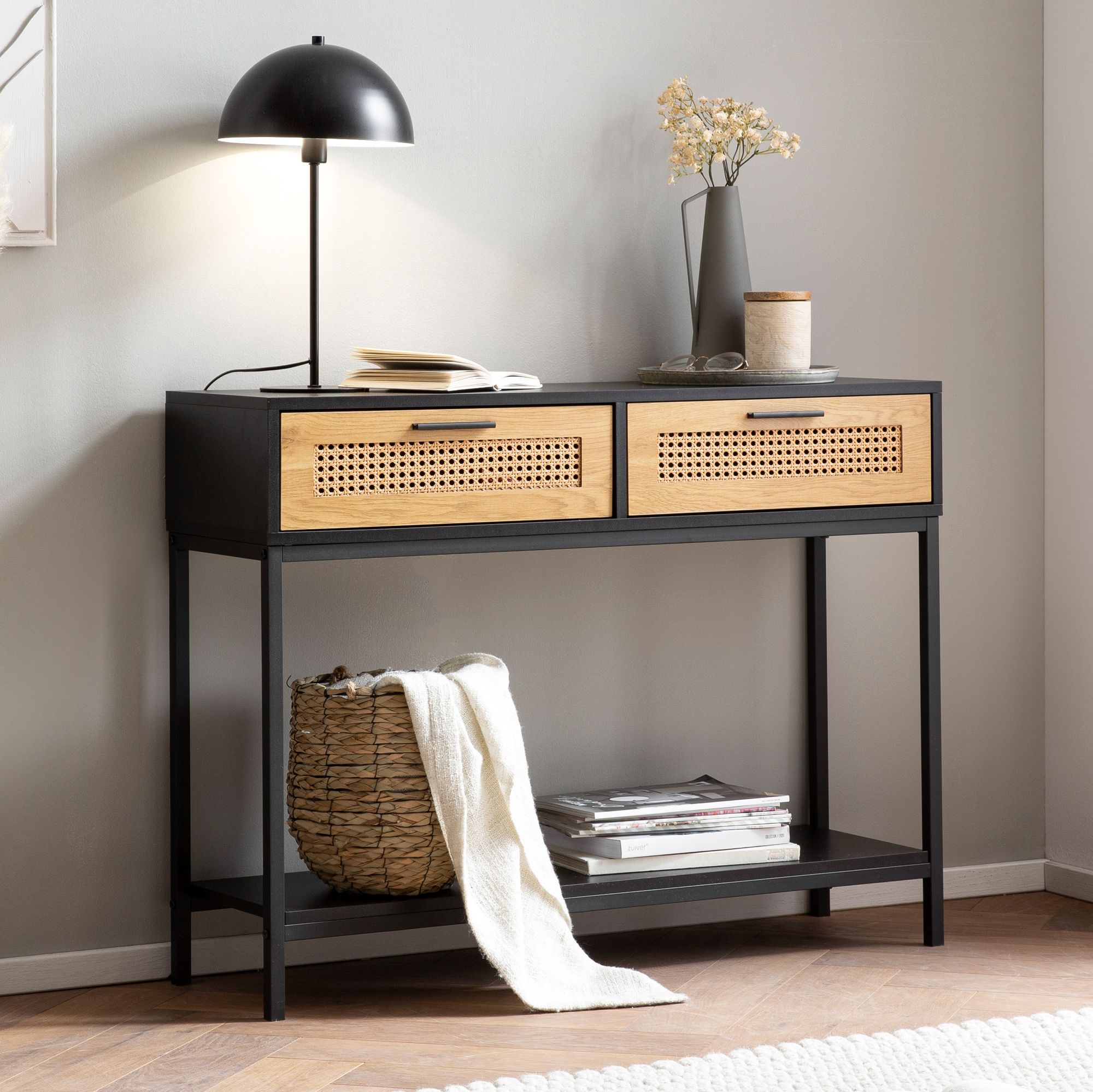Schwarzer Konsolentisch 100x30x75 cm mit Wiener Geflecht | Zeitloses Design Flurtisch