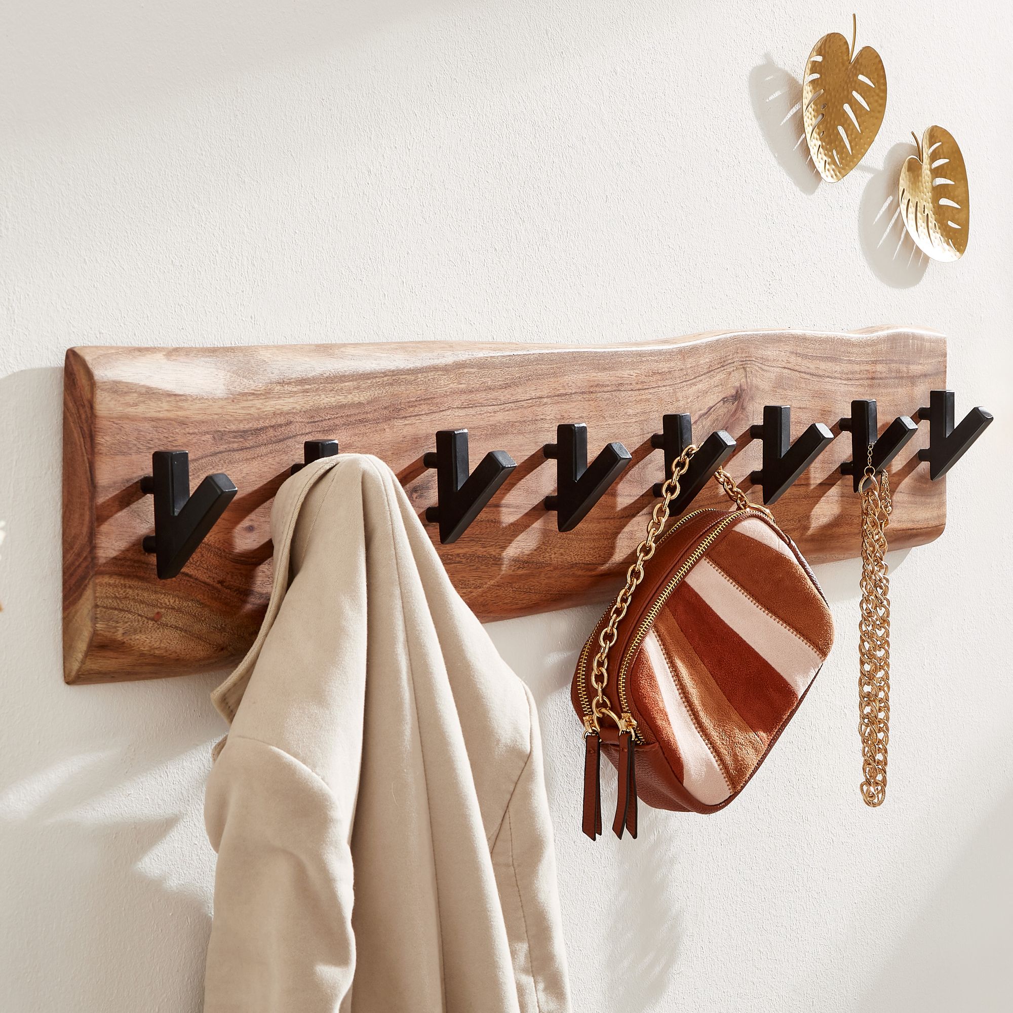 Design Wandgarderobe Akazie Massivholz / Metall | Braun/Schwarz | 90 x 19 x 9 cm