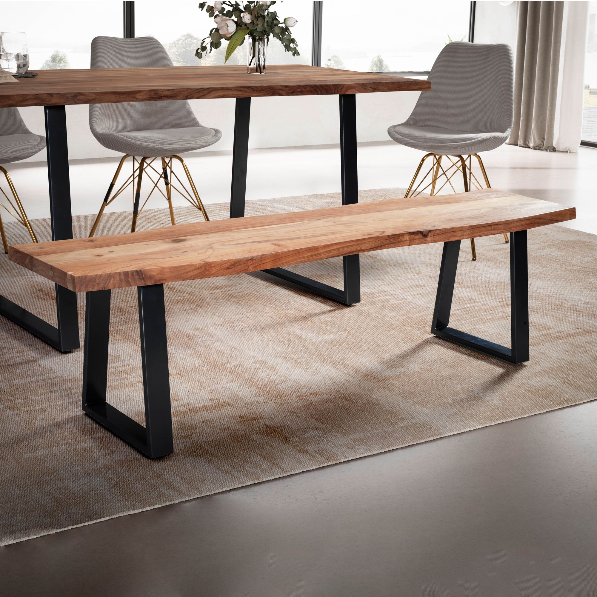 Esszimmerbank 140x40x45,5 cm Massivholz Akazie | Hellgoldbraun | Metall Schwarz