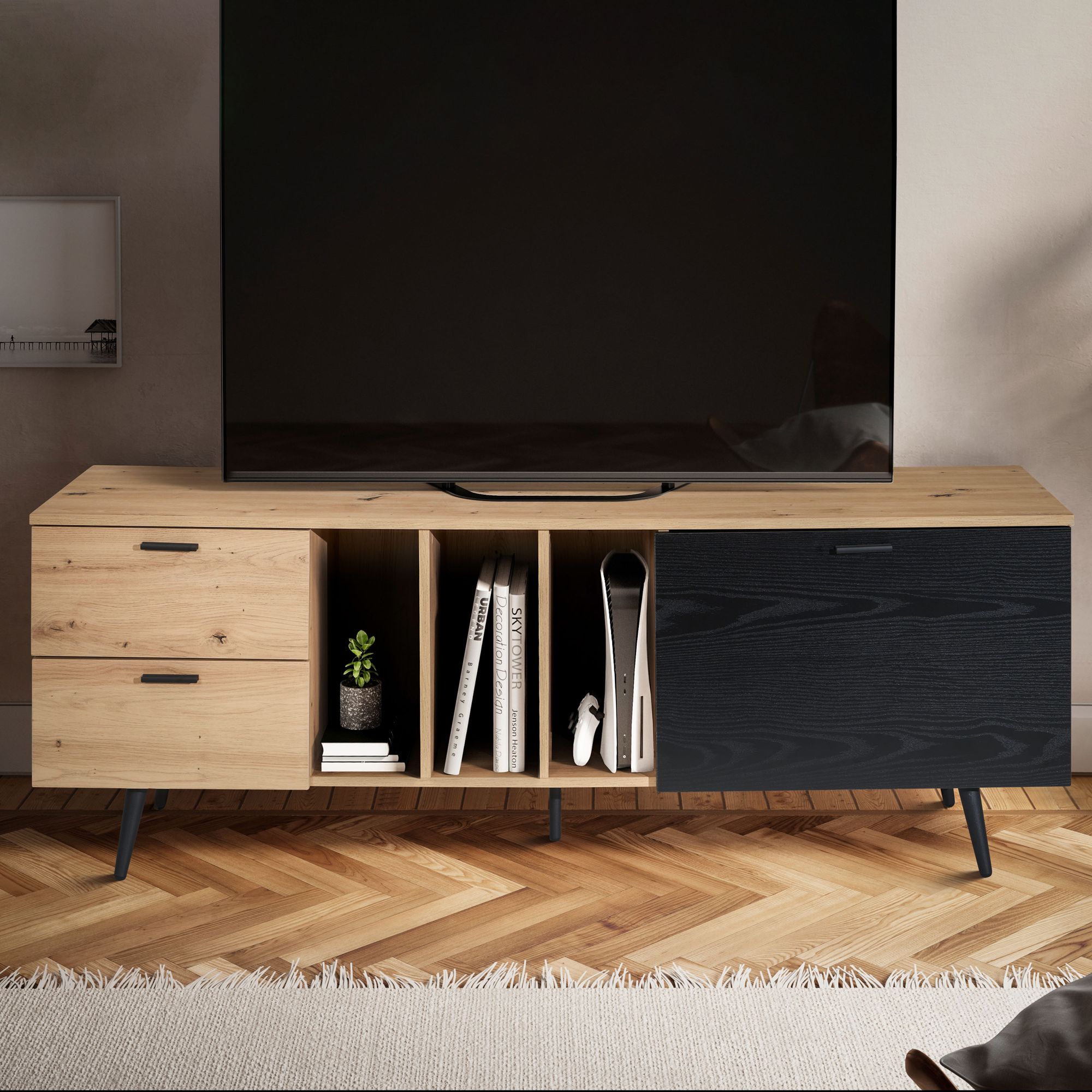 Lowboard Eiche-Dekor Schwarz | Korpus Eiche, Tür schwarz | 150x55x40 cm